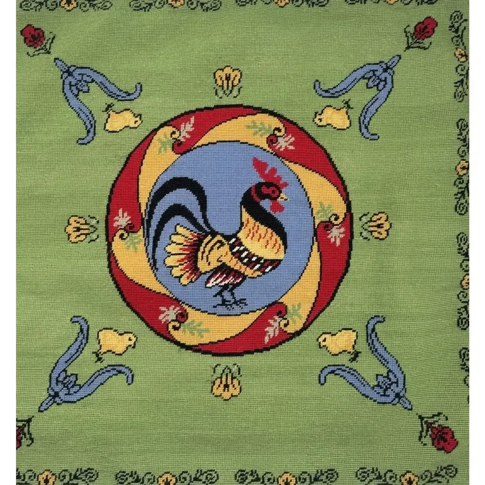 Vtg Rooster Needlepoint Pillow Cover 20 x 20 Green Bright French Country Velvet